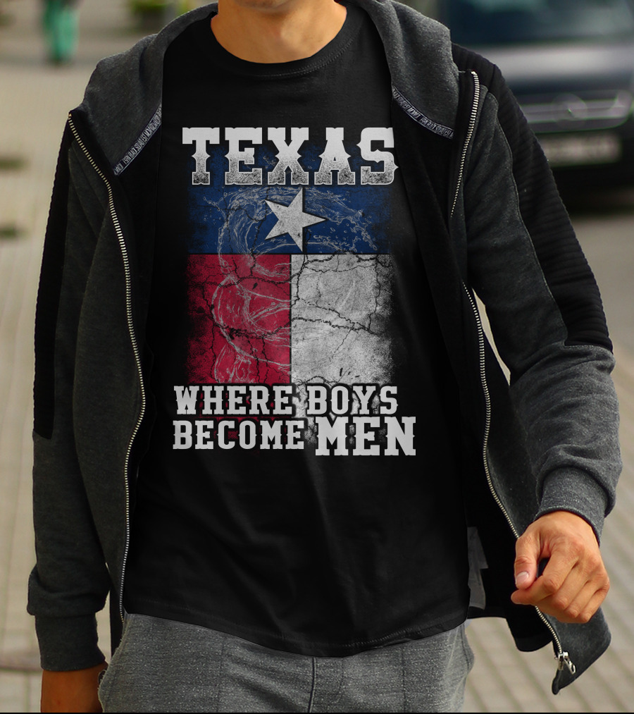 Texas Where Boys Become Men Lone Star Flag Cracked T-Shirt