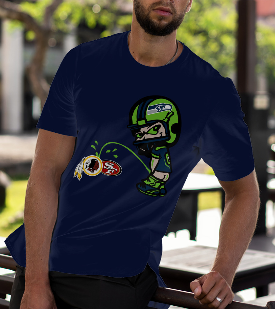 Seattle Seahawks Rivalry Cartoon With San Francisco 49ers And Washington Logos T-Shirt