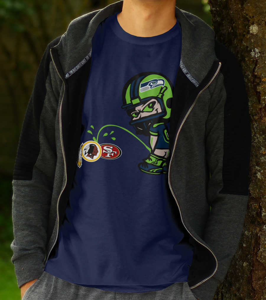 Seattle Seahawks Rivalry Cartoon With San Francisco 49ers And Washington Logos T-Shirt