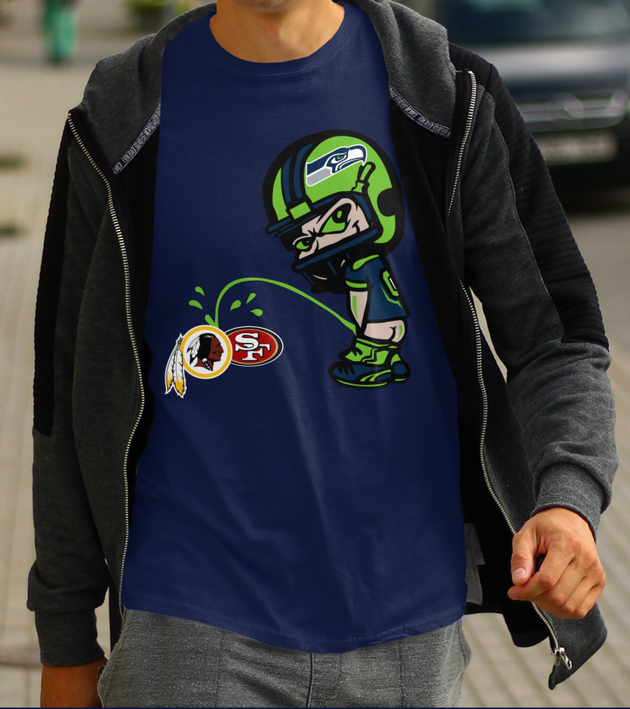 Seattle Seahawks Rivalry Cartoon With San Francisco 49ers And Washington Logos T-Shirt
