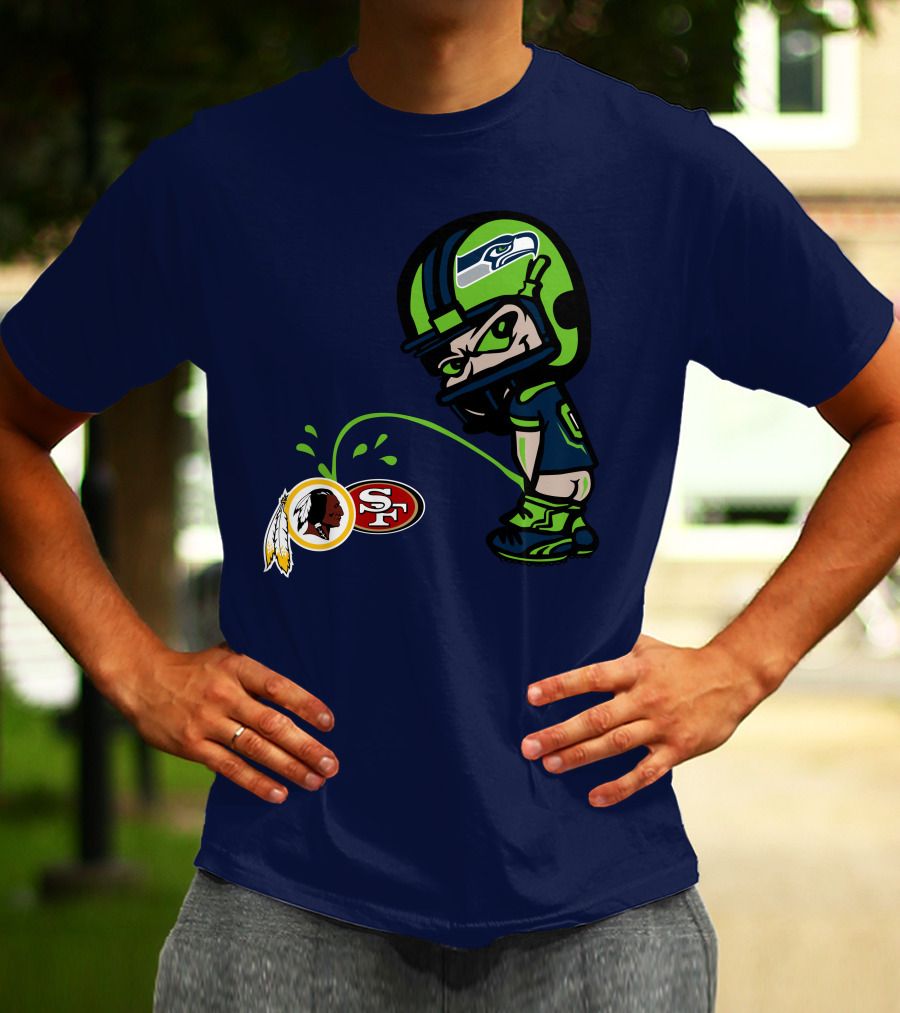Seattle Seahawks Rivalry Cartoon With San Francisco 49ers And Washington Logos T-Shirt