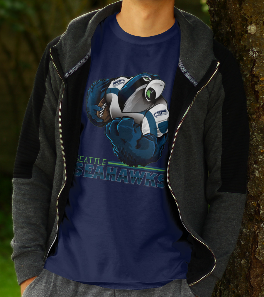 Seattle Seahawks Powerful Mascot With Football Iconic Team Spirit T-Shirt