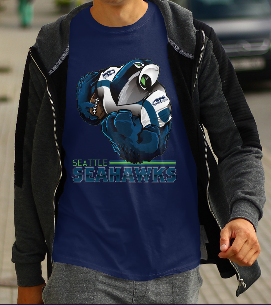Seattle Seahawks Powerful Mascot With Football Iconic Team Spirit T-Shirt