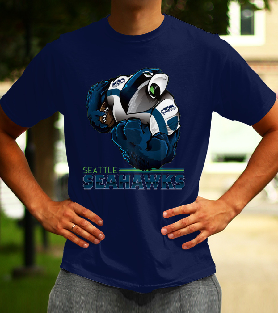 Seattle Seahawks Powerful Mascot With Football Iconic Team Spirit T-Shirt