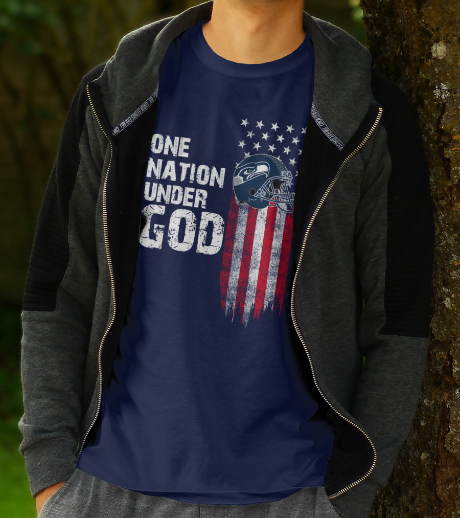 One Nation Under God Seattle Seahawks Flag Helmet Stars Stripes T-Shirt