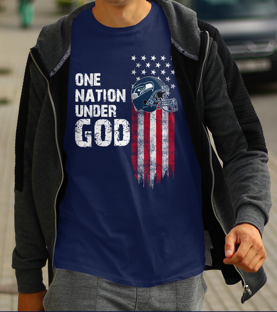 One Nation Under God Seattle Seahawks Flag Helmet Stars Stripes T-Shirt