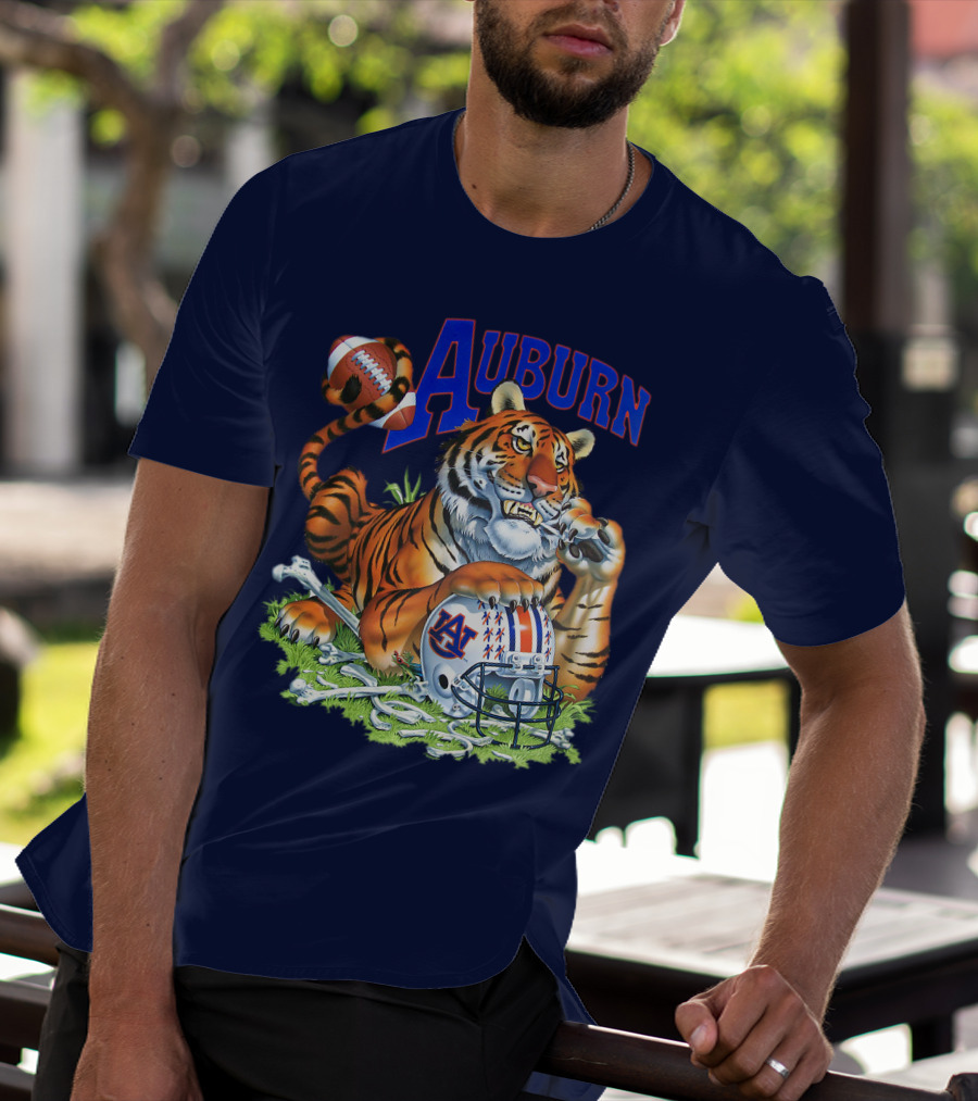 Auburn Tigers Football Tiger Holding Helmet With Bones And Football T-Shirt