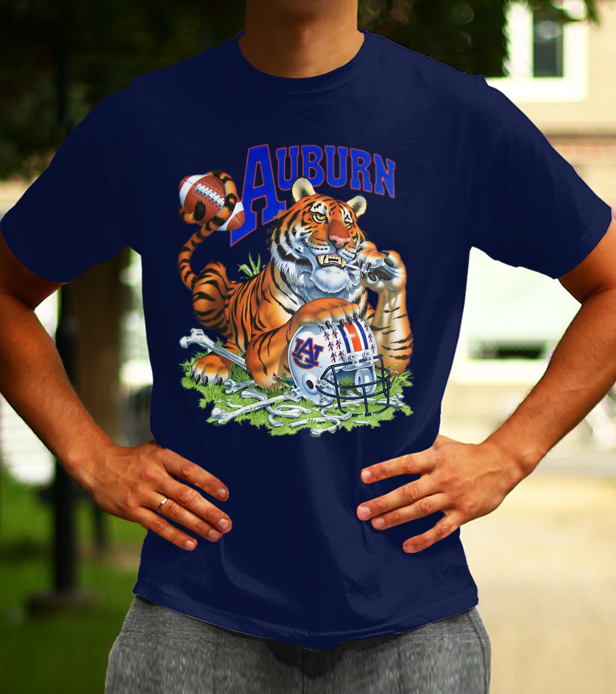 Auburn Tigers Football Tiger Holding Helmet With Bones And Football T-Shirt