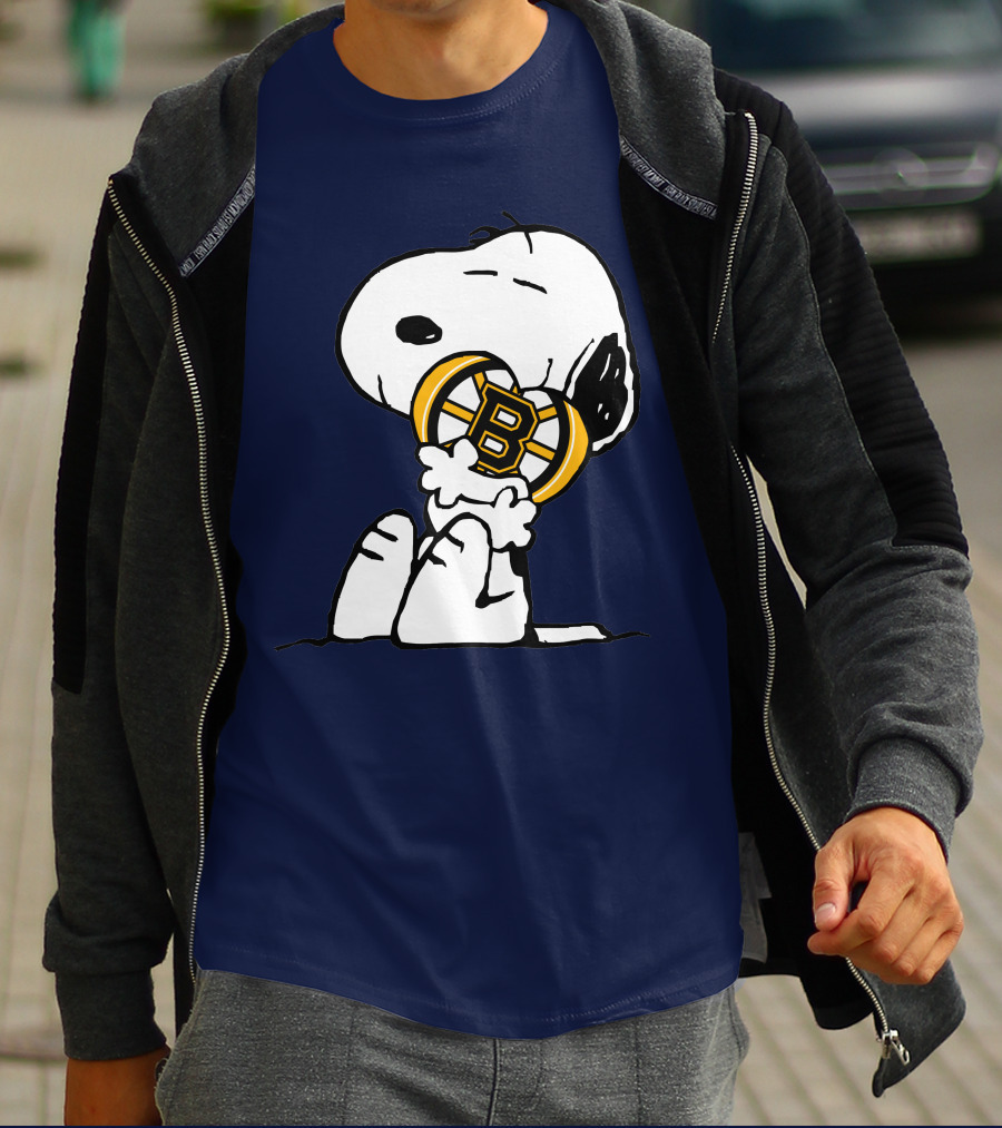 Snoopy With Boston Bruins Logo Embrace T-Shirt