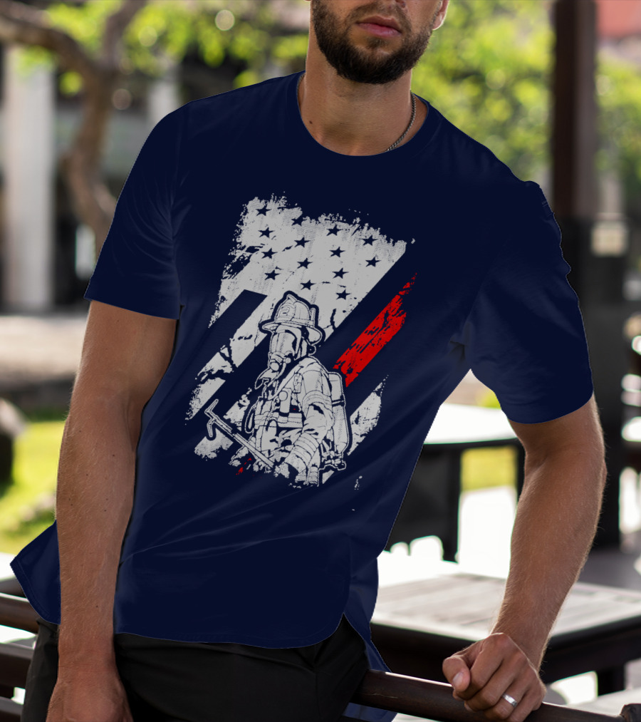 The Firefighters American Flag Tribute Heroic Firefighter With Axe And Stars And Stripes T-Shirt