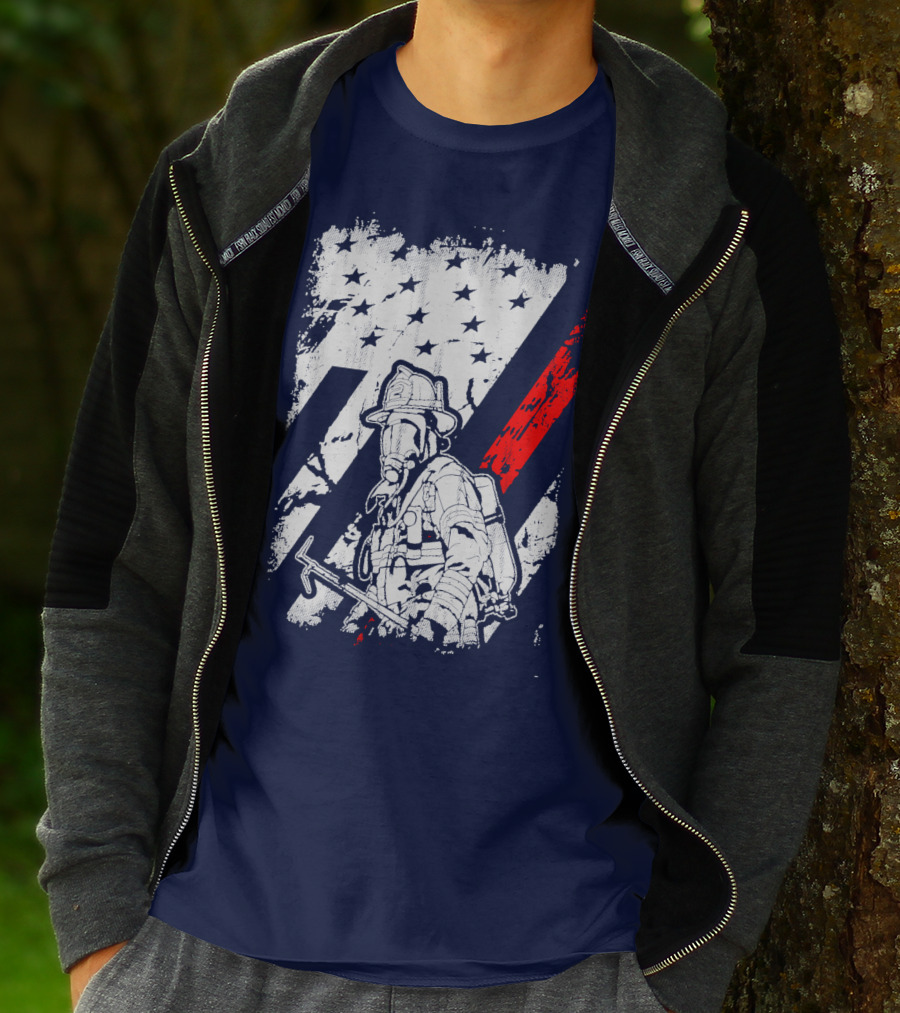 The Firefighters American Flag Tribute Heroic Firefighter With Axe And Stars And Stripes T-Shirt