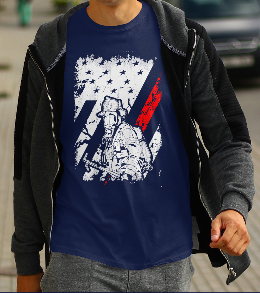 The Firefighters American Flag Tribute Heroic Firefighter With Axe And Stars And Stripes T-Shirt