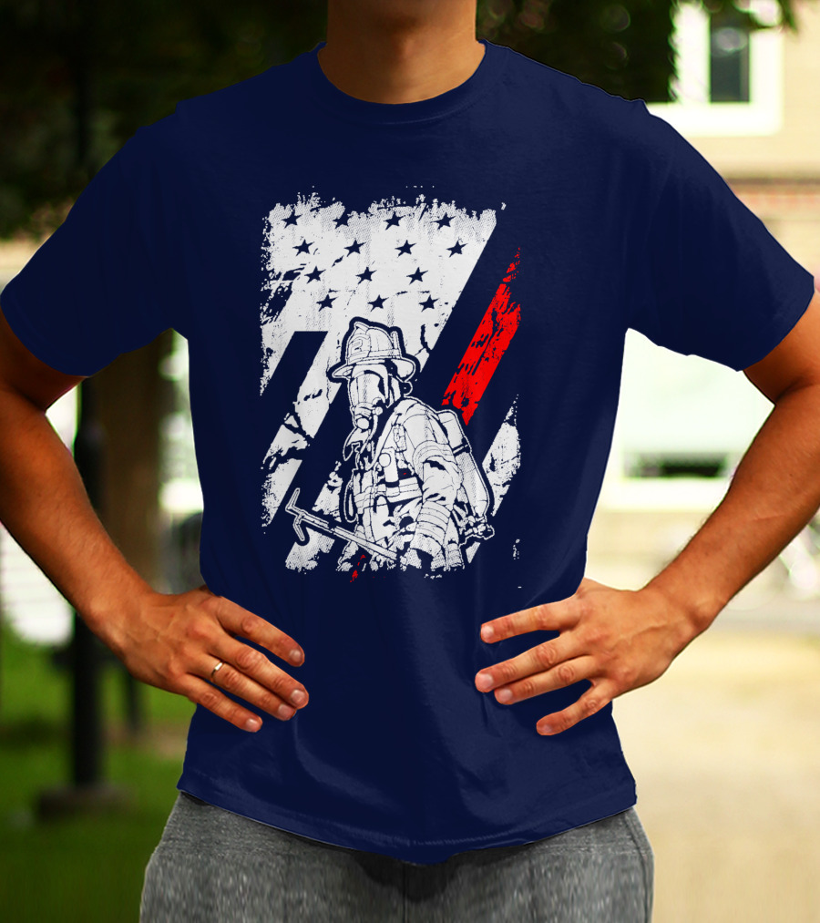 The Firefighters American Flag Tribute Heroic Firefighter With Axe And Stars And Stripes T-Shirt