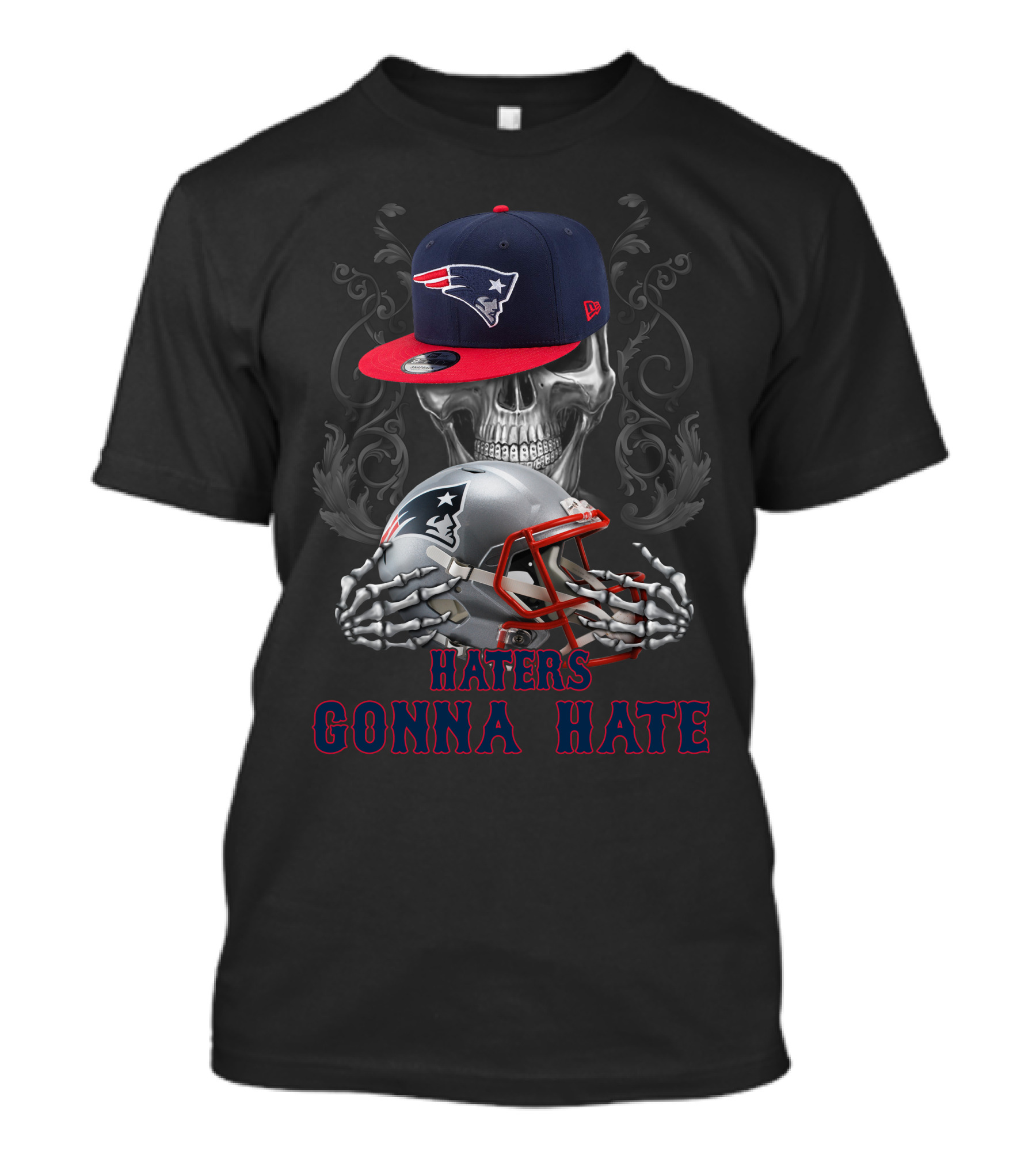 Haters Gonna Hate New England Patriots Skull With Helmet And Cap T-Shirt