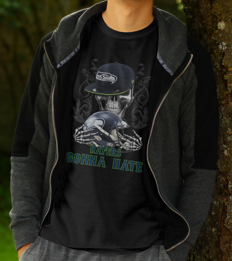 Haters Gonna Hate Seattle Seahawks Skeleton Helmet And Cap T-Shirt