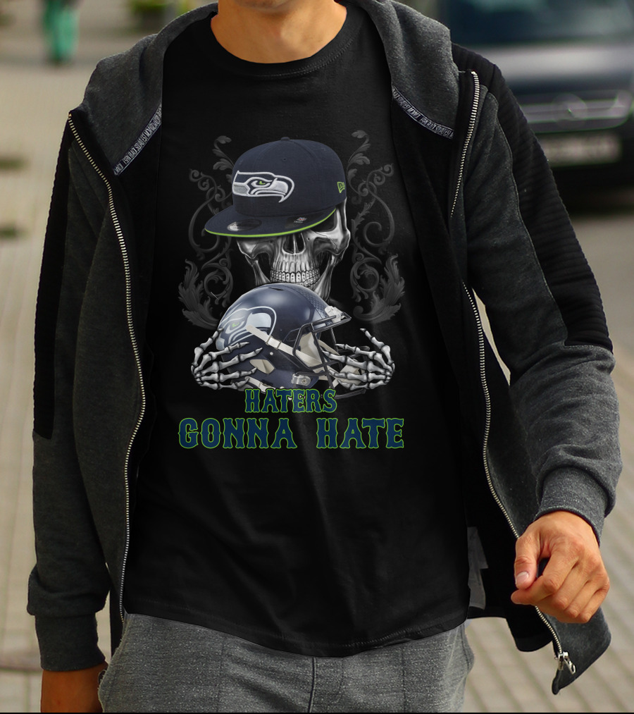 Haters Gonna Hate Seattle Seahawks Skeleton Helmet And Cap T-Shirt
