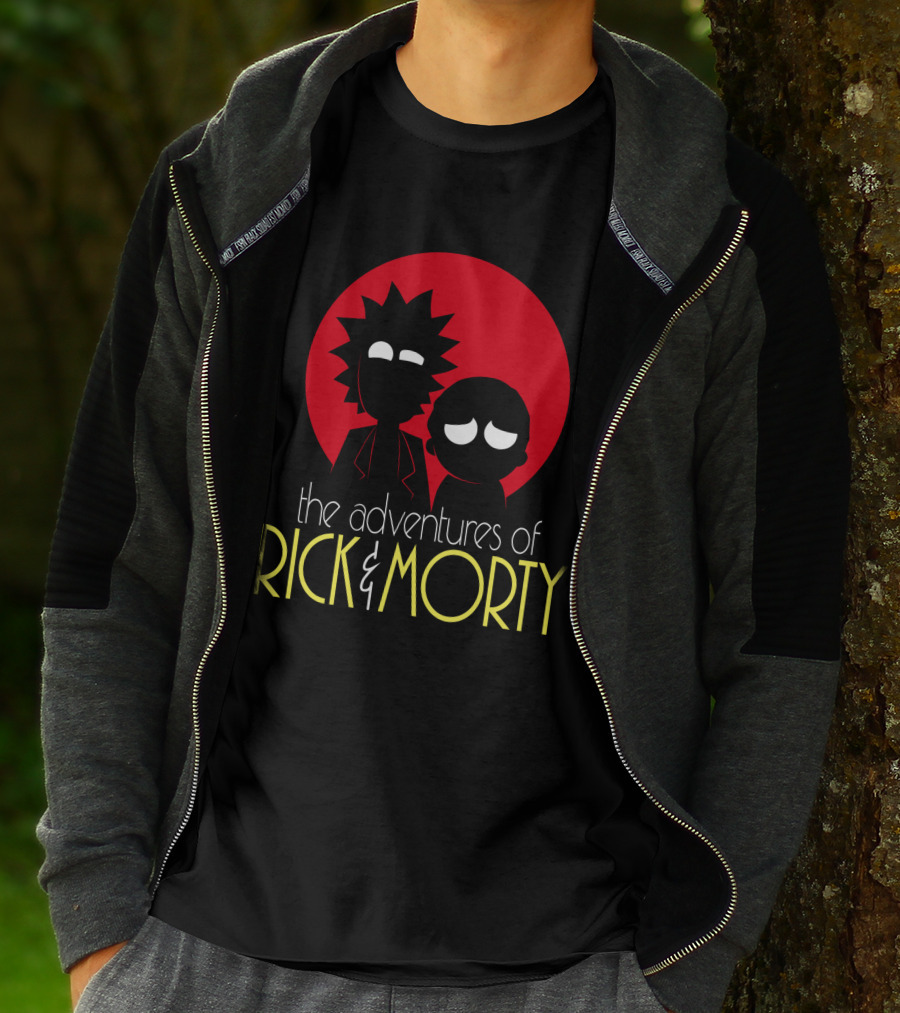 The Adventures Of Rick And Morty Silhouette With Bold Red Circle Background T-Shirt