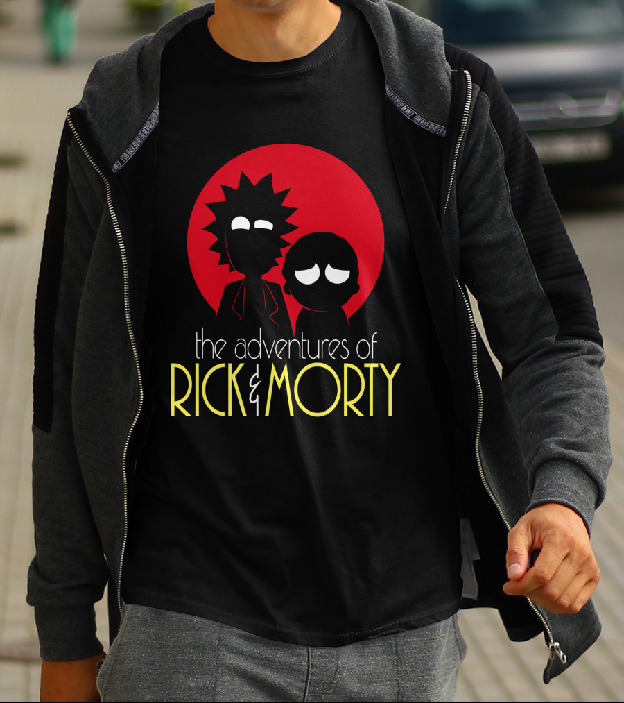 The Adventures Of Rick And Morty Silhouette With Bold Red Circle Background T-Shirt
