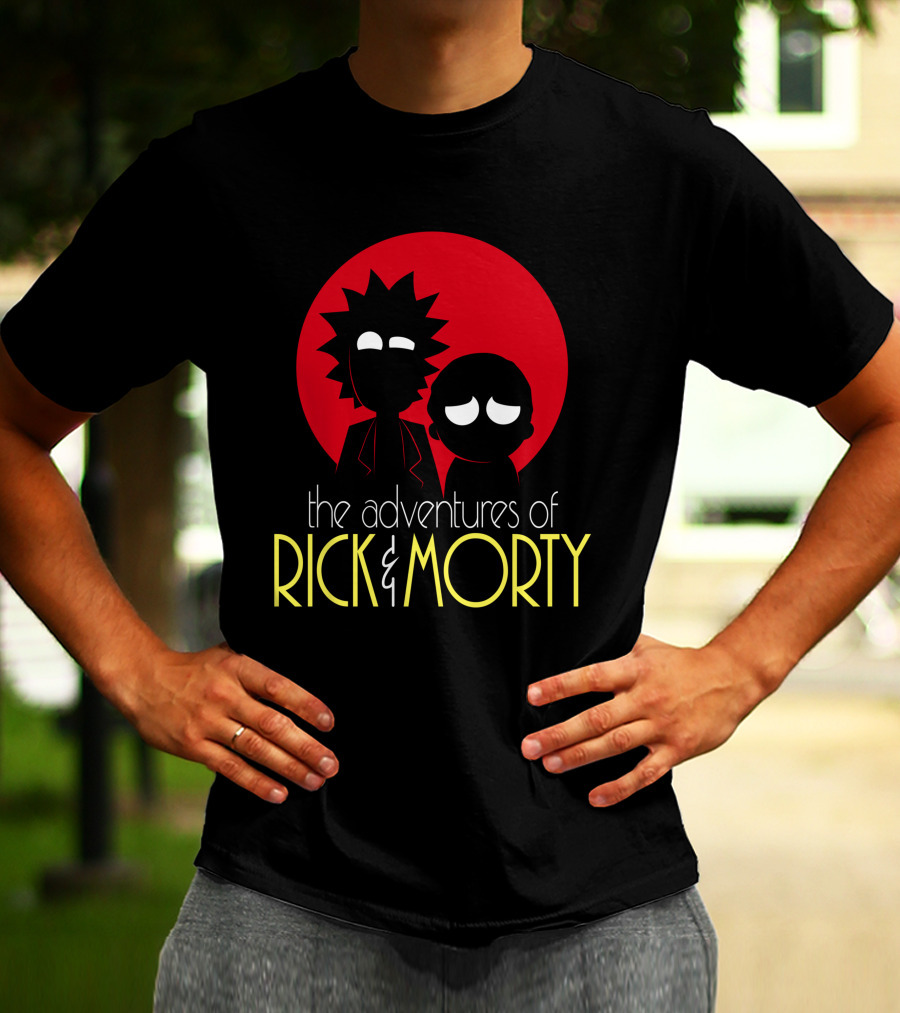 The Adventures Of Rick And Morty Silhouette With Bold Red Circle Background T-Shirt