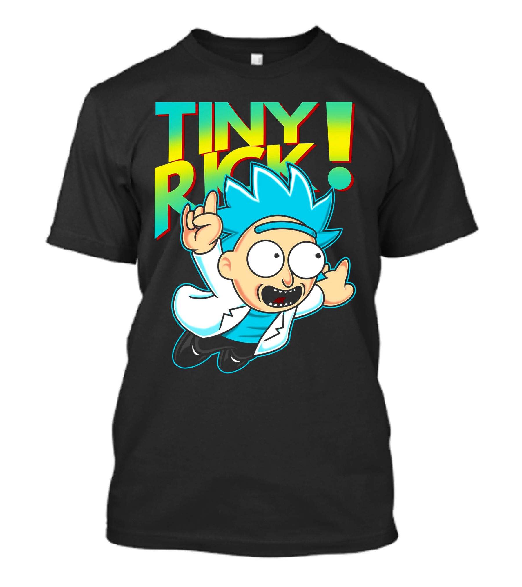 Tiny Rick Flying Character With Blue Hair And White Lab Coat T-Shirt