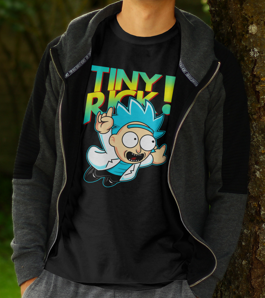 Tiny Rick Flying Character With Blue Hair And White Lab Coat T-Shirt