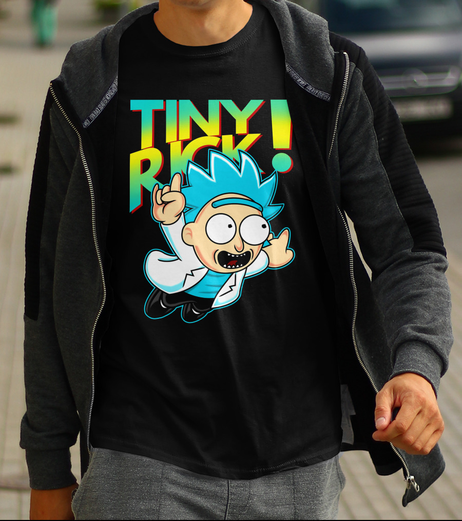 Tiny Rick Flying Character With Blue Hair And White Lab Coat T-Shirt
