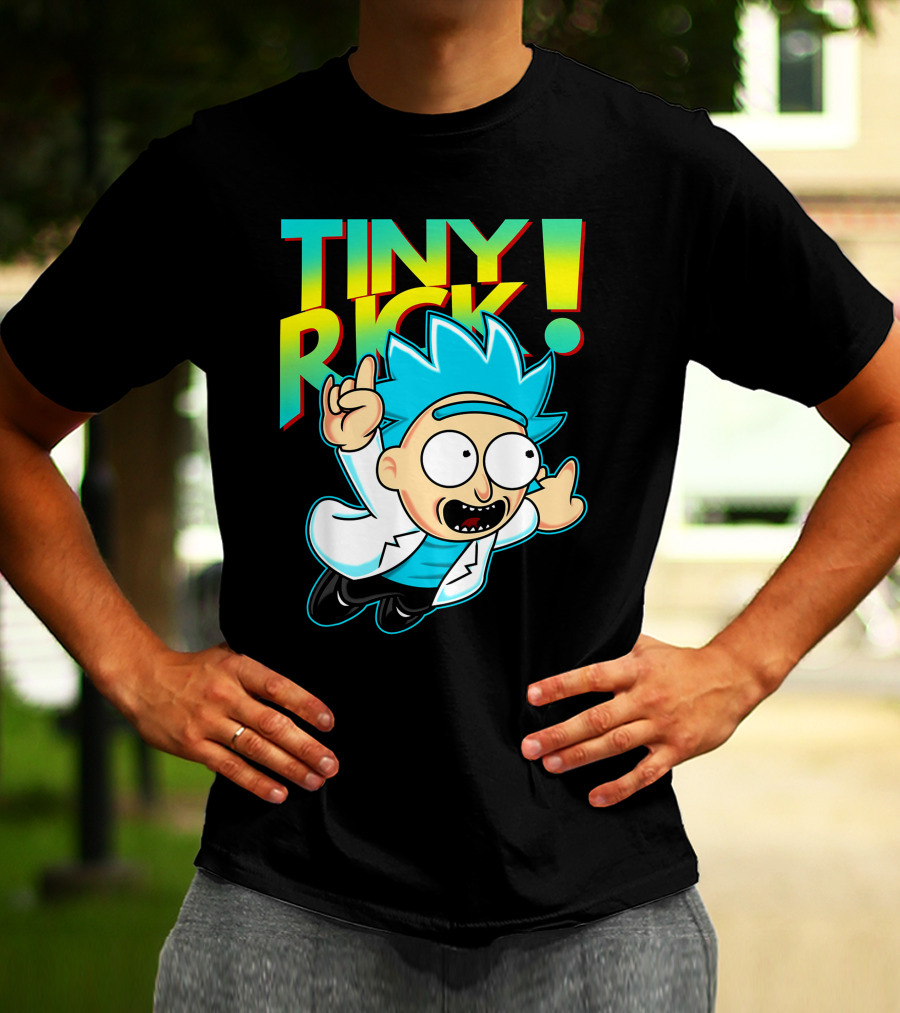 Tiny Rick Flying Character With Blue Hair And White Lab Coat T-Shirt
