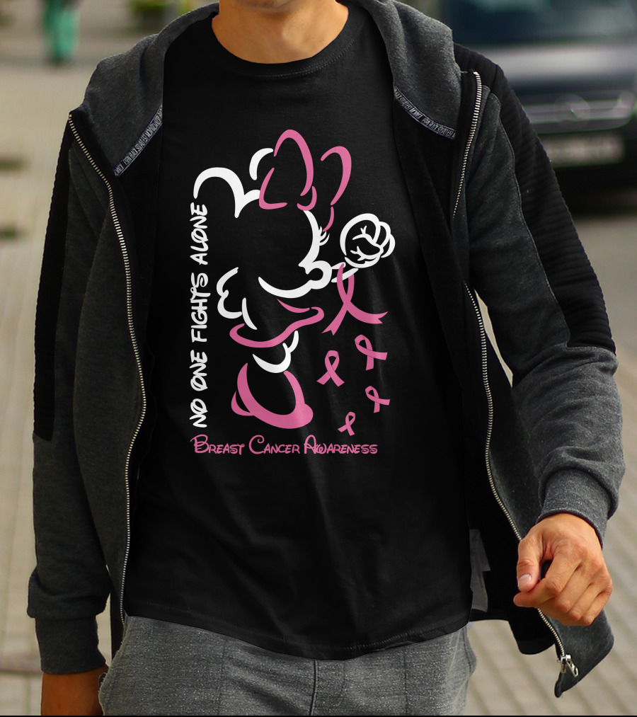 No One Fights Alone Breast Cancer Awareness Minnie Bow Pink T-Shirt