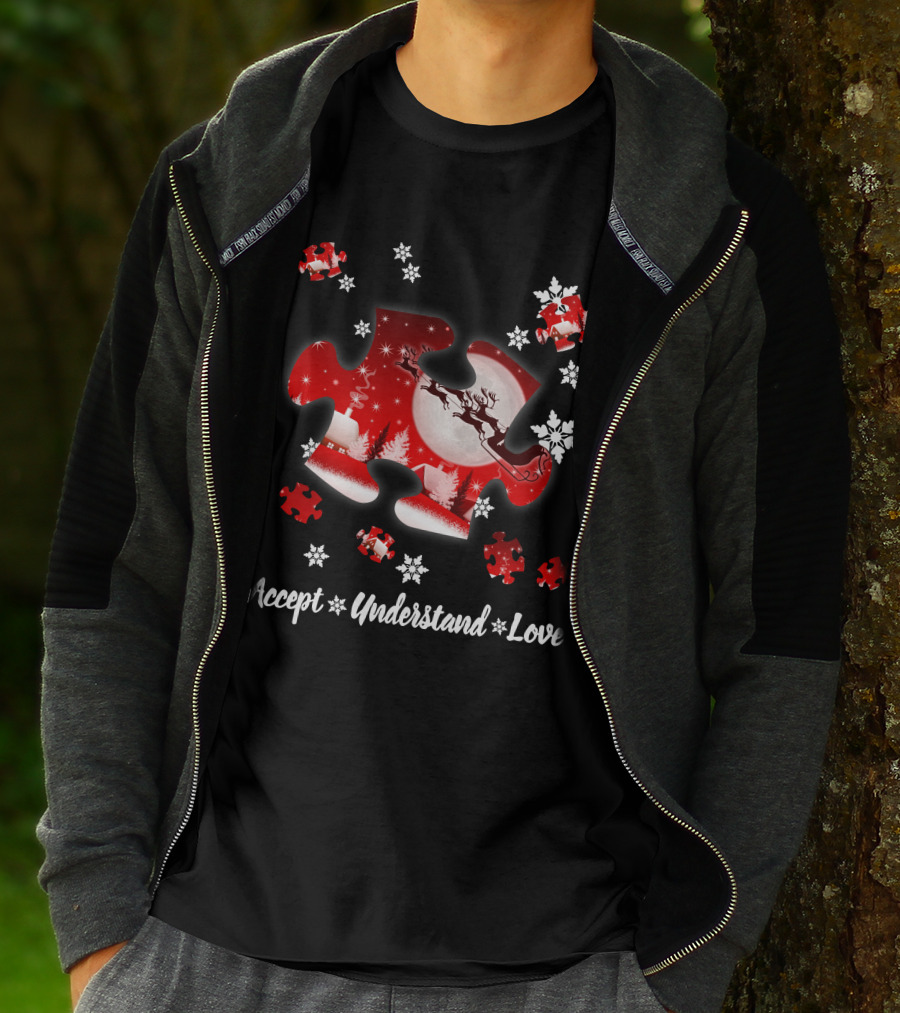 Accept Understand Love Autism Puzzle Christmas Snowflakes Santa Sleigh T-Shirt