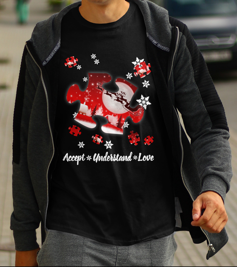 Accept Understand Love Autism Puzzle Christmas Snowflakes Santa Sleigh T-Shirt