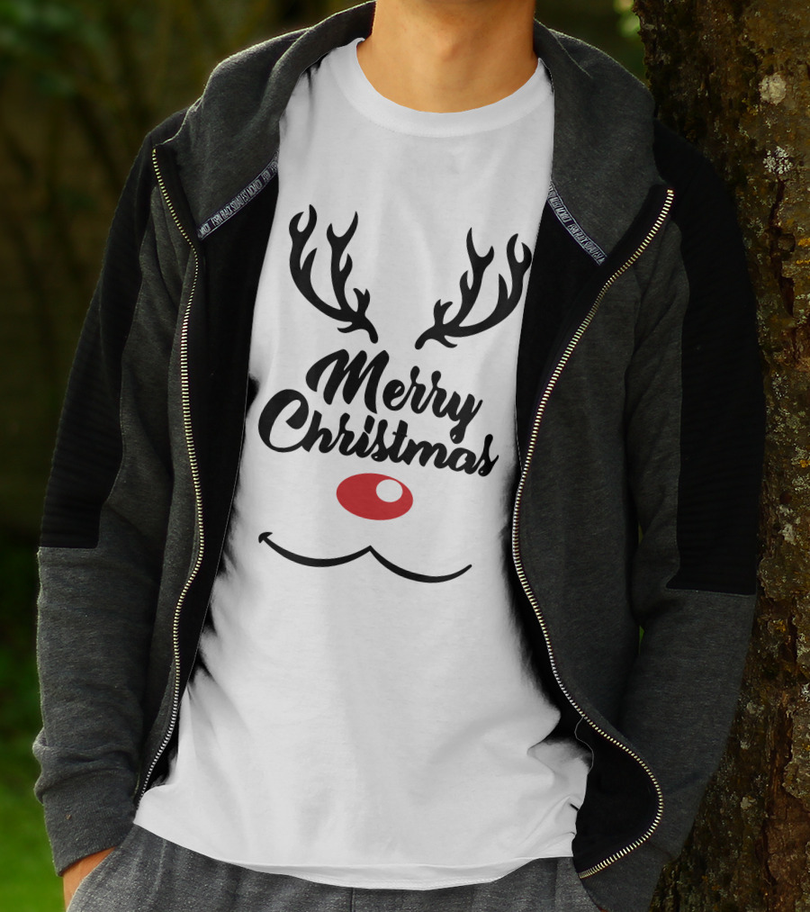 Merry Christmas Reindeer Antlers With Red Nose T-Shirt