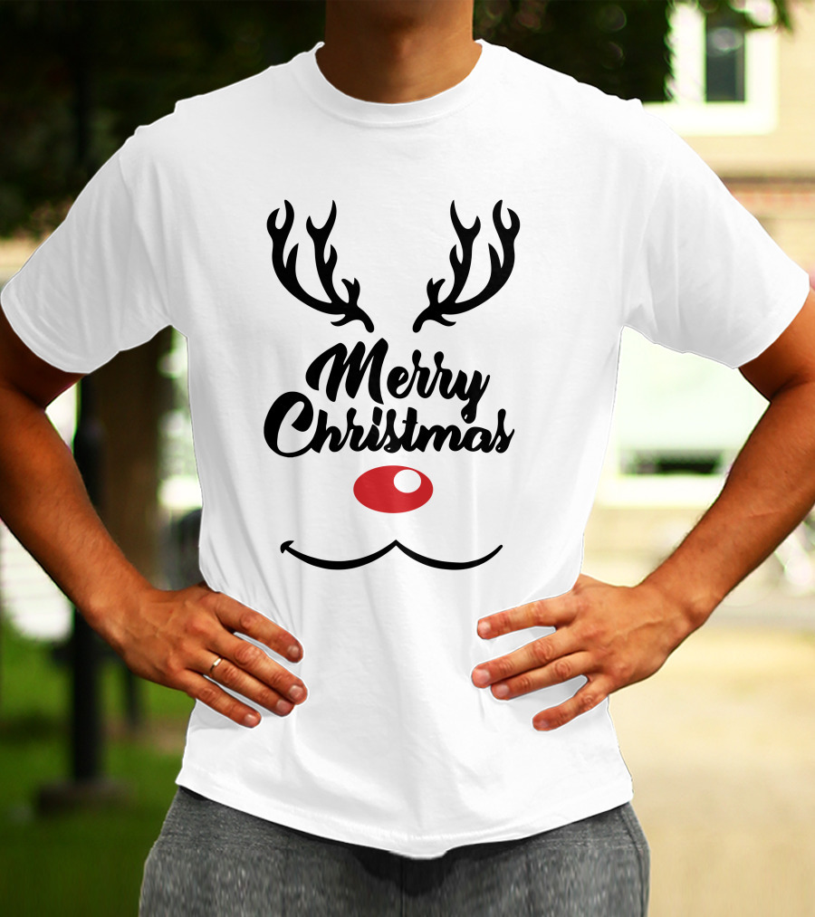 Merry Christmas Reindeer Antlers With Red Nose T-Shirt