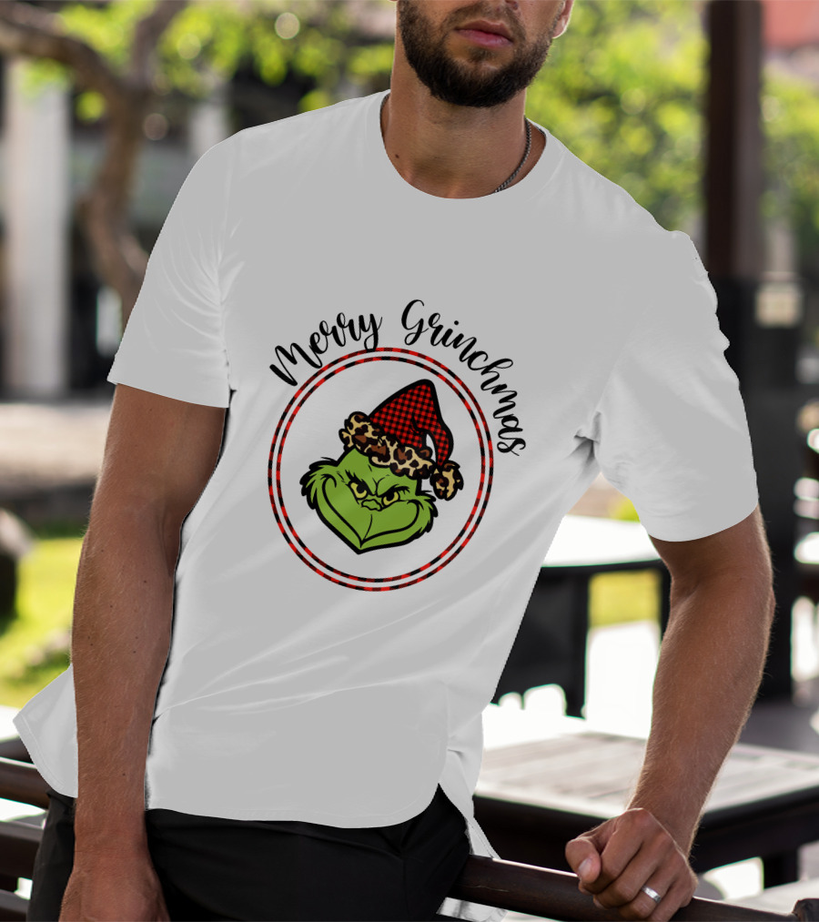 Merry Grinchmas Plaid Santa Hat Grinch Face T-Shirt