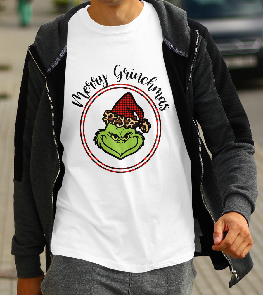 Merry Grinchmas Plaid Santa Hat Grinch Face T-Shirt