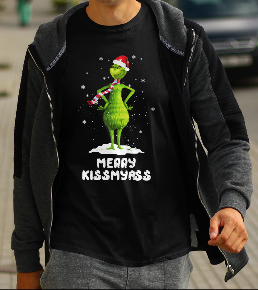 Merry KissMyAss Grinch Santa Hat Scarf Snowflakes T-Shirt