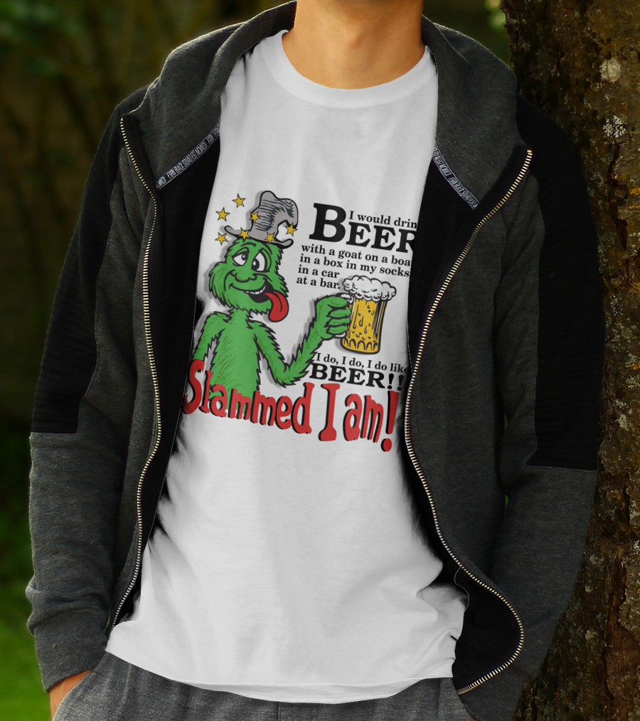 Slammed I Am Dr Seuss Beer Parody With Green Creature Drinking A Mug Of Beer T-Shirt