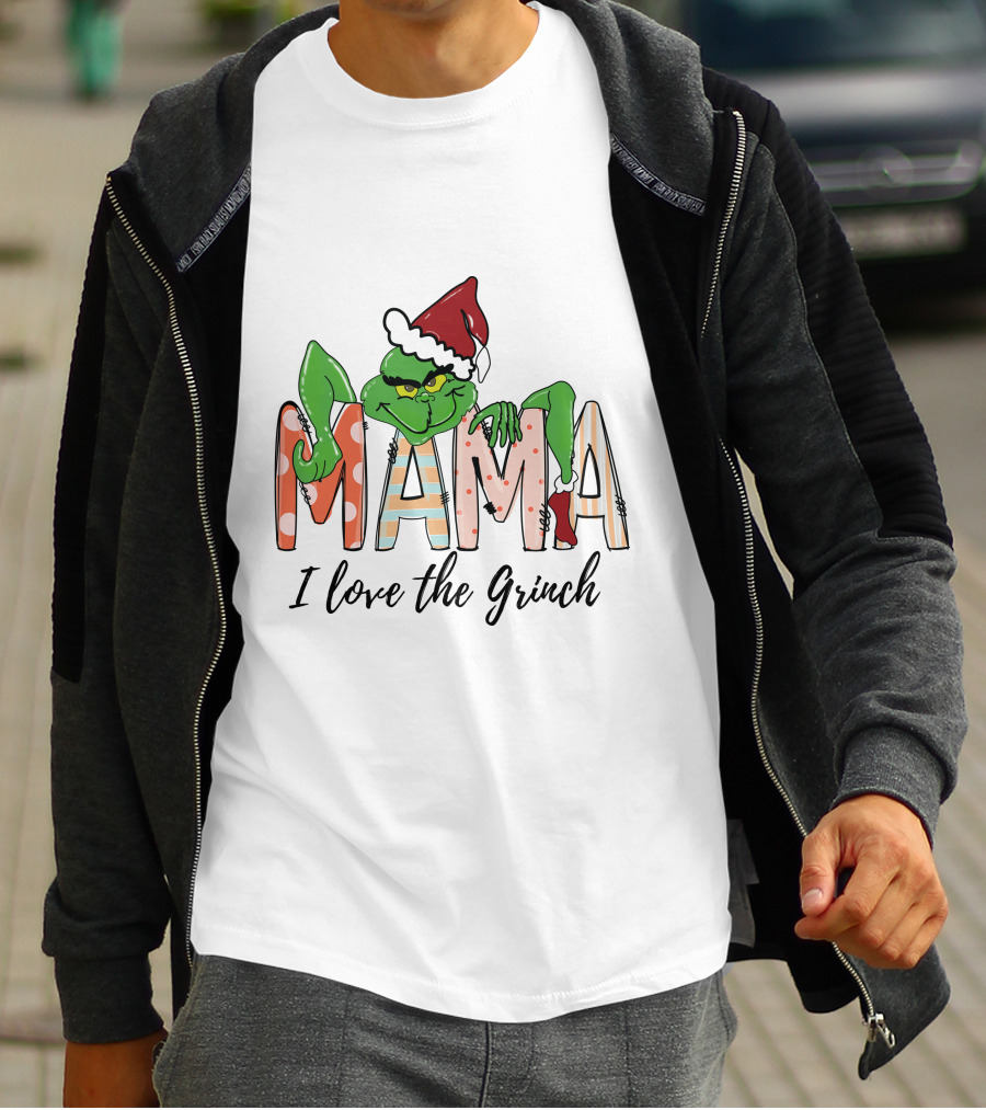 Mama I Love The Grinch Santa Hat Christmas Letters T-Shirt