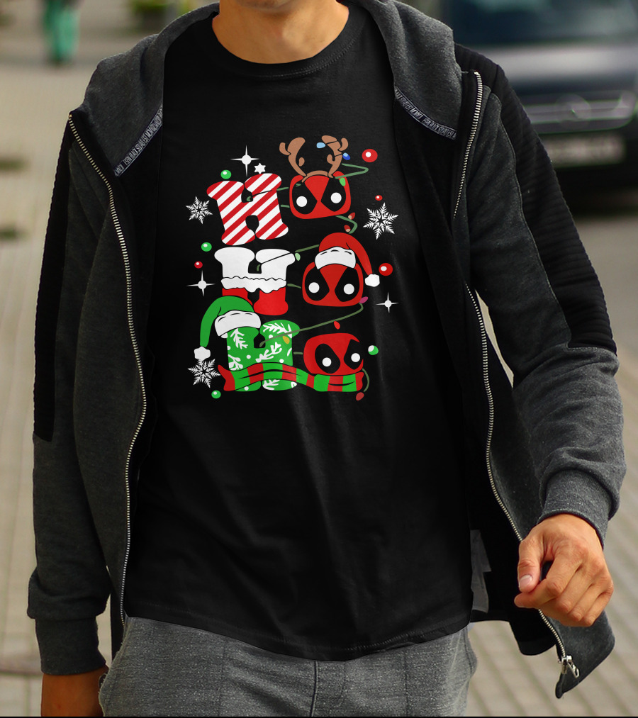 Deadpool Ho Ho Ho Christmas Reindeer Antlers Santa Hat Snowflakes T-Shirt