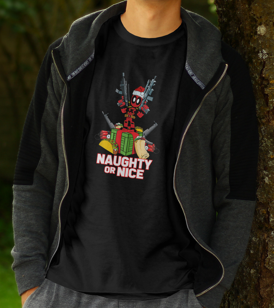 Naughty Or Nice Deadpool Christmas Guns Tacos Burritos T-Shirt