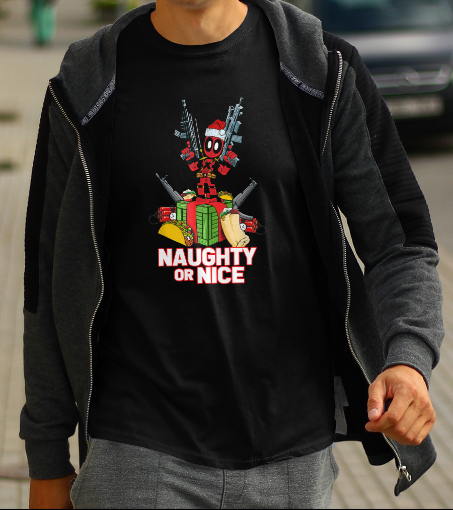 Naughty Or Nice Deadpool Christmas Guns Tacos Burritos T-Shirt