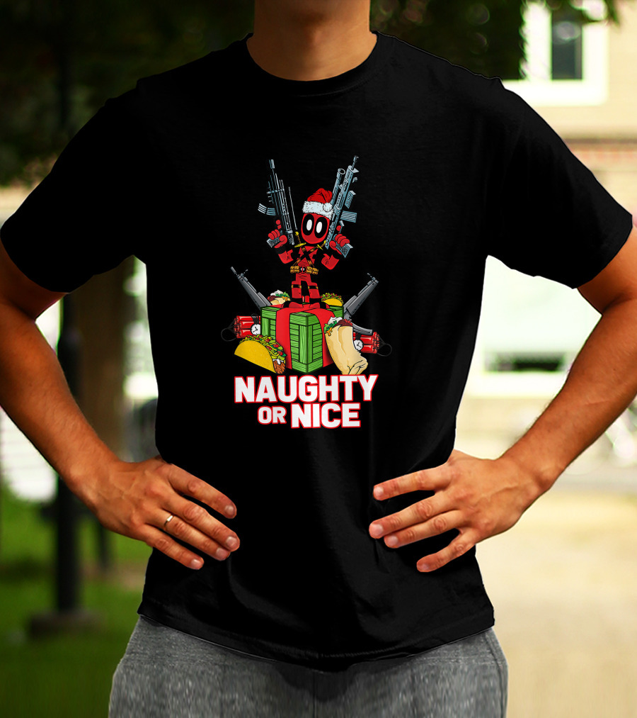 Naughty Or Nice Deadpool Christmas Guns Tacos Burritos T-Shirt