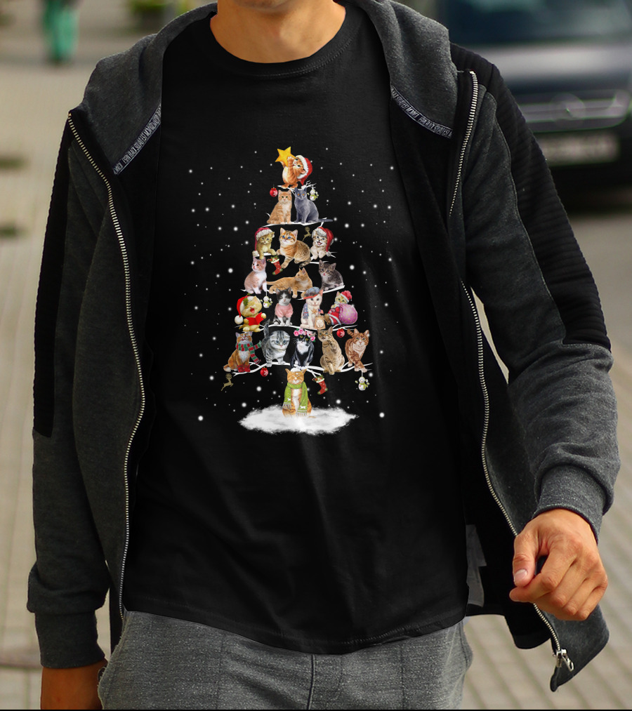 Cat Christmas Tree With Festive Cats And Holiday Ornaments T-Shirt