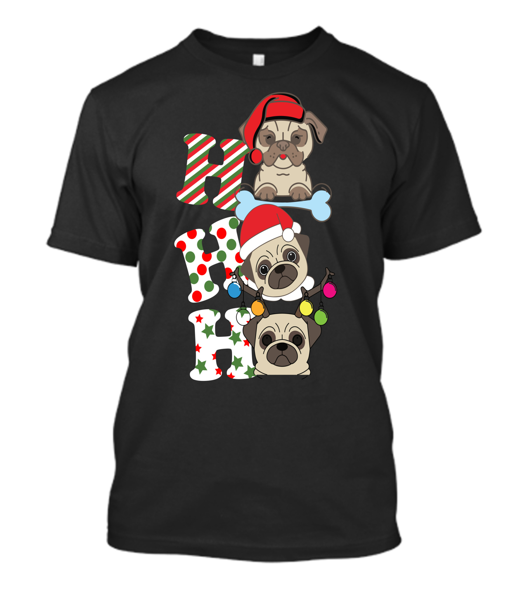 Ho Ho Ho Christmas Pug With Santa Hats And Holiday Lights T-Shirt