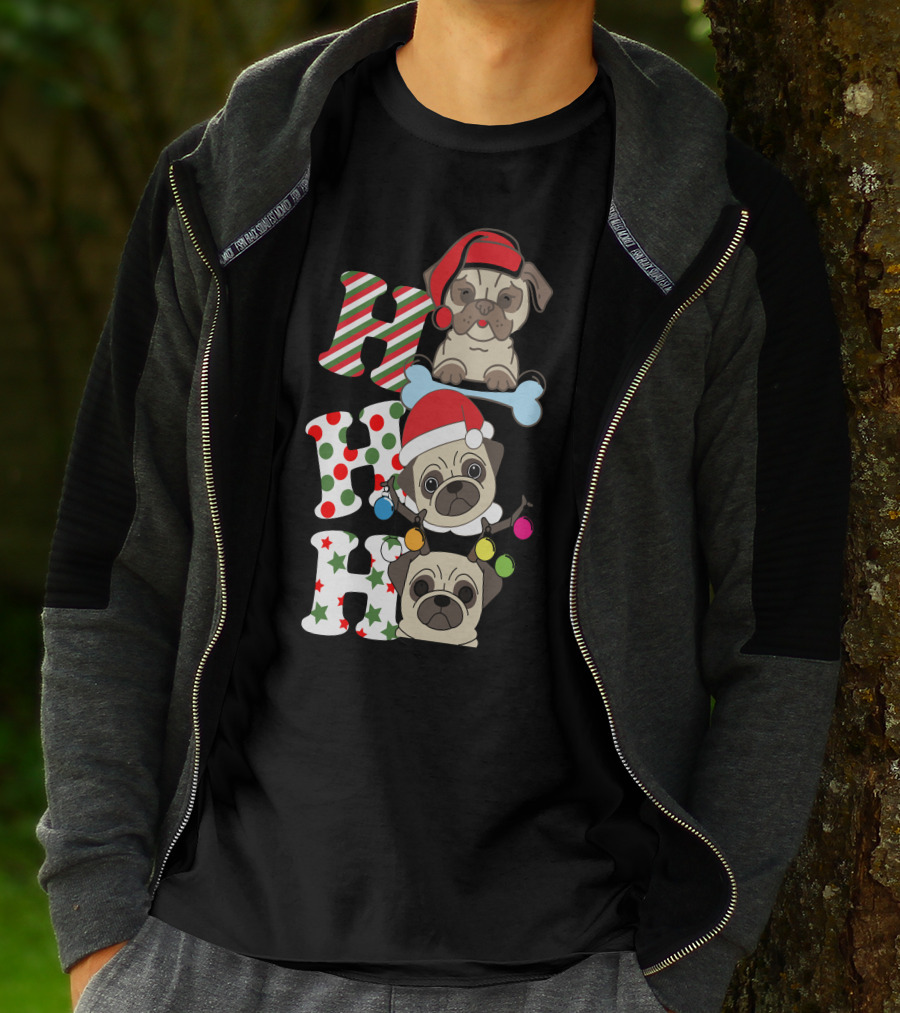 Ho Ho Ho Christmas Pug With Santa Hats And Holiday Lights T-Shirt