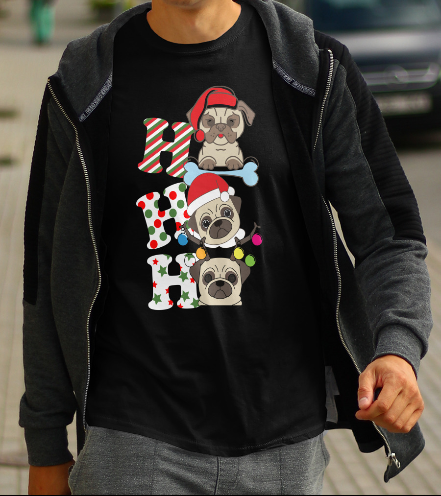 Ho Ho Ho Christmas Pug With Santa Hats And Holiday Lights T-Shirt