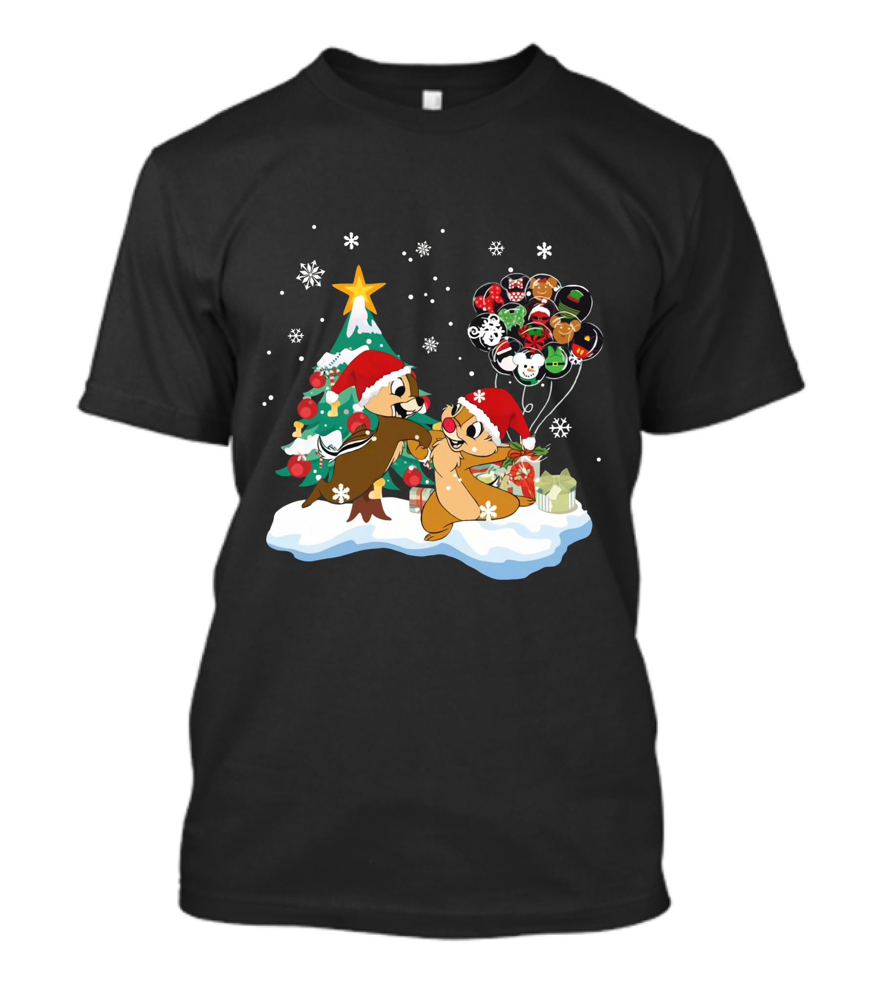 Chip And Dale Christmas Tree Santa Hats Snowflakes Balloons T-Shirt