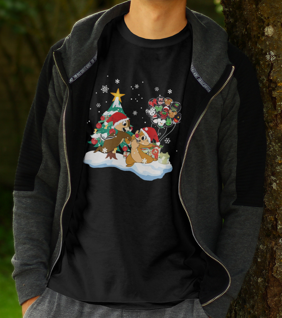 Chip And Dale Christmas Tree Santa Hats Snowflakes Balloons T-Shirt
