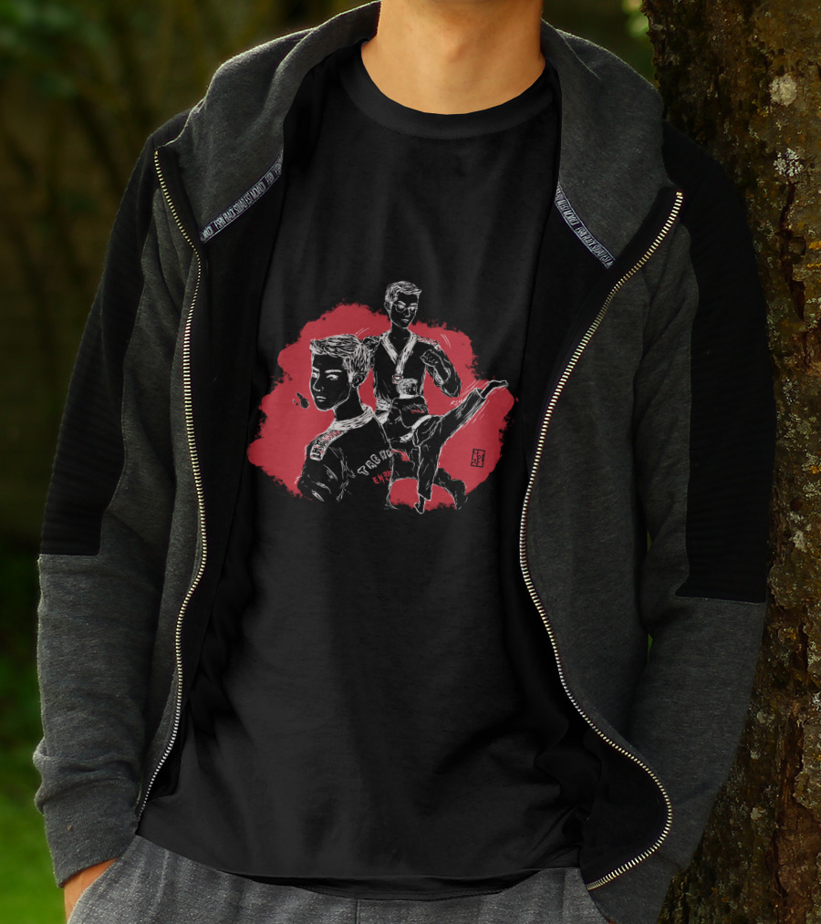 Taekwondo Boy Sparring Heroic Poses And Korean Emblems T-Shirt