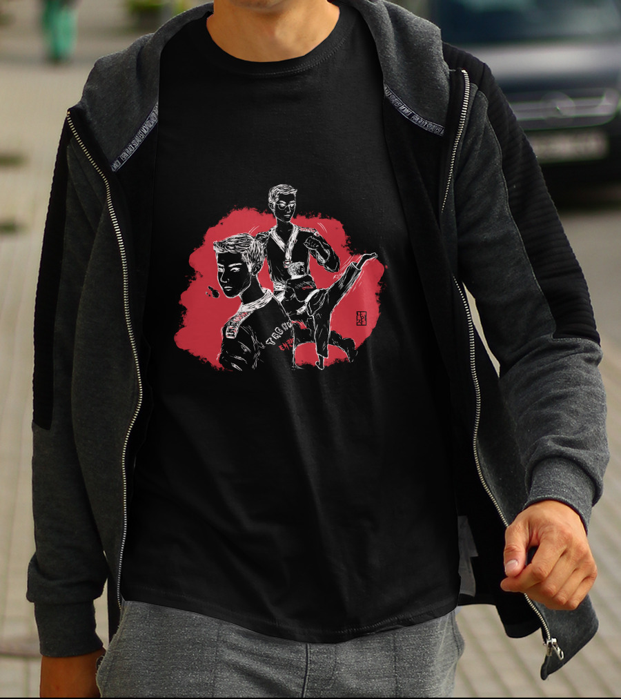 Taekwondo Boy Sparring Heroic Poses And Korean Emblems T-Shirt