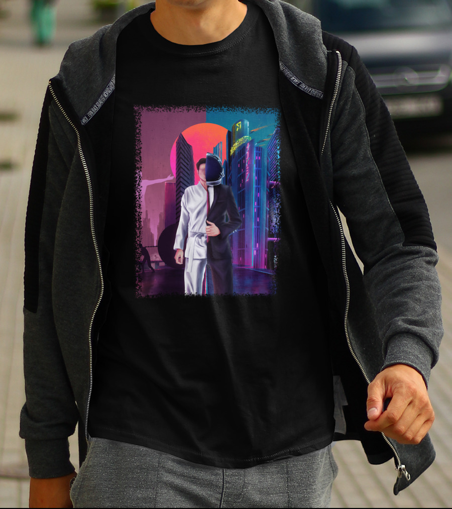 Half Taekwondo Spaceman Futuristic Cityscape Duality T-Shirt